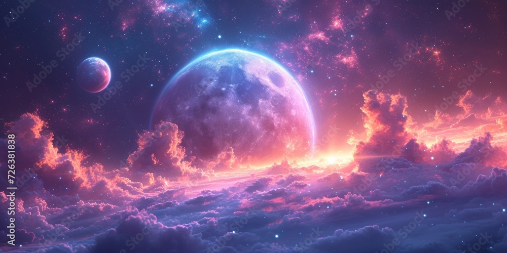 Calm night sky: the full moon, stars and cosmic landscape create a magical and mysterious atmosphere. Calm night sky: the full moon, stars and cosmic landscape create a magical and mysterious atmosphere.