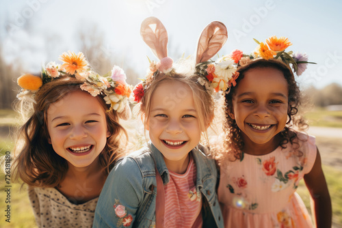 Happy cheerful multiracial children wearing bunny and flower hear decorations on a sunny spring day outdoors photo