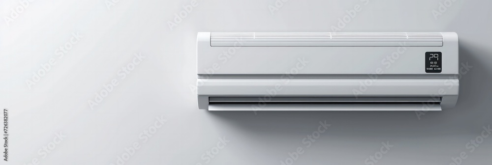 Sleek white air conditioner on wall, digital temperature display, room space for modern living Sleek white air conditioner on wall, digital temperature display, room space for modern living