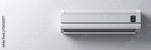 Sleek white air conditioner on wall, digital temperature display, room space for modern living