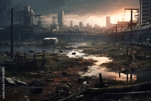 Post apocalyptic scene with abandoned city and factory technology