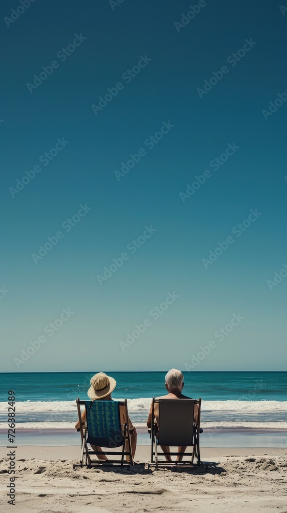 Rear view of senior couple on beach chairs, overlooking a tranquil ocean, under a clear blue sky
