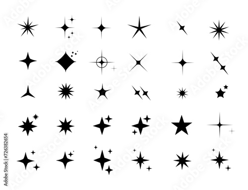 Star y2k icons, star shape vector set. Abstract y2k sparkles. Twinkling stars, abstract sparkle black silhouettes symbol shining burst. Vector photo
