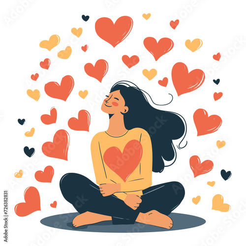 Self-Love: Women Surrounded by Hearts - Inspiring Affection, Confidence, and Positive Empowerment. Flat Vector Illustration 