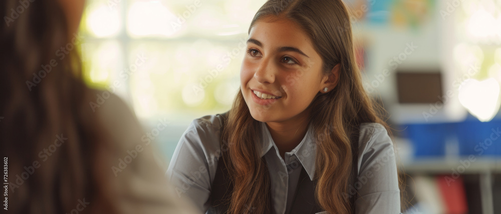 A young girl looks up attentively, her bright eyes reflecting the eagerness to engage and learn A young girl looks up attentively, her bright eyes reflecting the eagerness to engage and learn