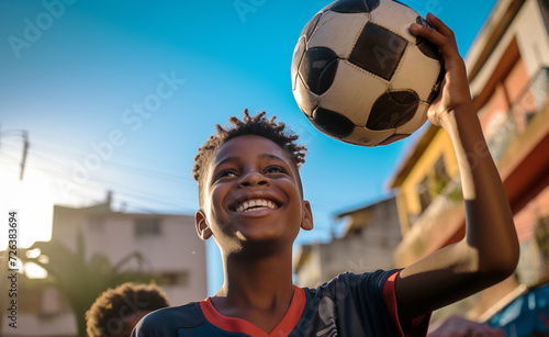 Portrait of happy smiling Latino boy while he running by narrow poor Favela Brazilian Rio de Janeiro district with old football ball. Active people, child dream and travel concept photo