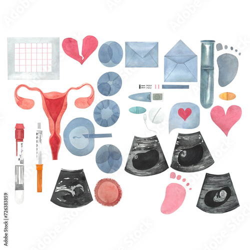 set illustration on the topic of IVF fertilization, women's health, family planning. Pictures for gynecologists and reproductive specialists, drawn in watercolor