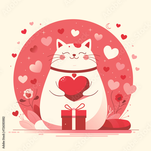 Card with a cute cat, hearts, flowers and a gift