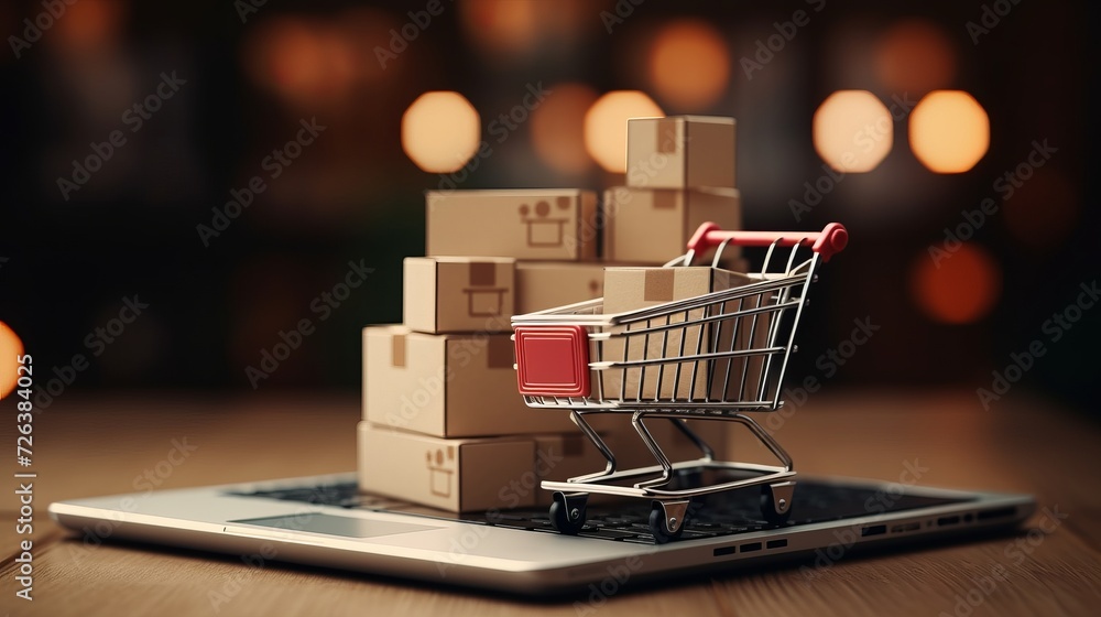 Online shopping: laptop with shopping cart boxes, e-commerce, marketplace, tech, delivery & payment