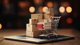 Online shopping: laptop with shopping cart boxes, e-commerce, marketplace, tech, delivery & payment