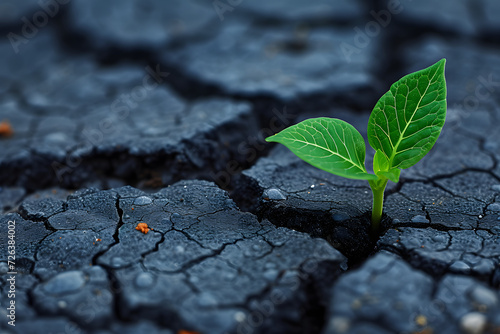  green plant sprouting from cracked earth, symbolizing hope and renewal amidst adversity. Perfect for environmental themes, such as climate change, sustainability, and conservation photo