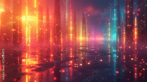 Futuristic Cityscape Bathed in Neon Lights at Twilight © photolas