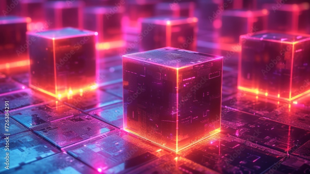 Vibrant Glowing Cubes in a Futuristic Grid Setting Under Neon Light Vibrant Glowing Cubes in a Futuristic Grid Setting Under Neon Light