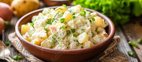 Tasty homemade potato salad on a picnic table photo