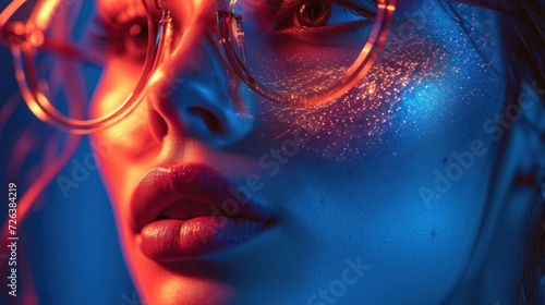 Close-Up of a Womans Face Illuminated by Blue Neon Light at Night