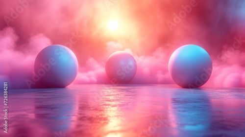 Vibrant Spheres Floating on Glossy Surface During Mystical Foggy Twilight