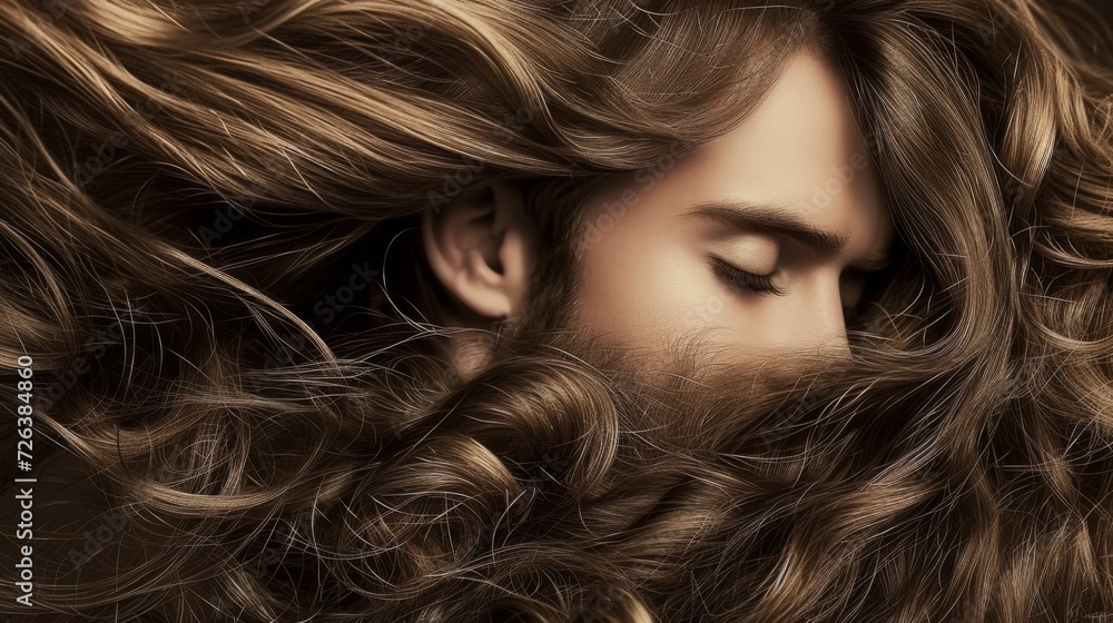 A man with beard and with long hair flying in the wind in fashion editorial style. Men's modern hairstyle A man with beard and with long hair flying in the wind in fashion editorial style. Men's modern hairstyle