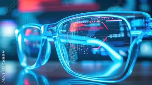 Close-Up of Eyeglasses Revealing Graphical Data Interface in a Technology-Focused Environment