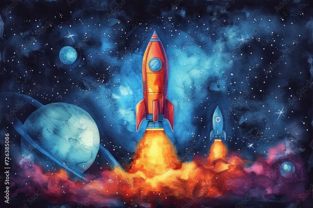 Fototapeta premium Vivid Watercolor Illustration of Rockets Launching Into a Starry Space Vista