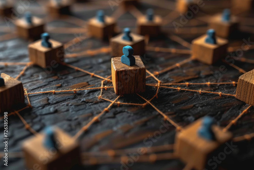 Wooden figures connected by lines with one highlighted in blue, depicting networking, teamwork, and leadership in a social or business context