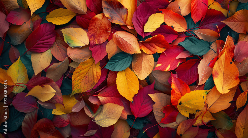 Abstract Foliage Symphony, Dynamic Composition of Autumn Leaves in Vibrant Colors, Celebrating the Beauty of Fall.
