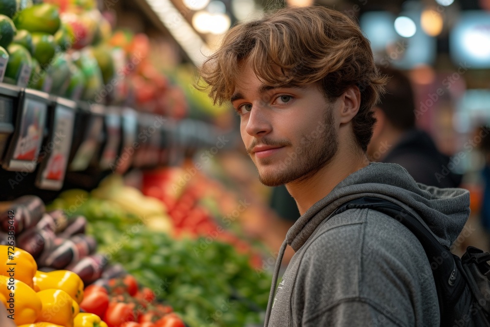 Happy young man in a supermarket chooses organic vegetables and products for a healthy lifestyle. Happy young man in a supermarket chooses organic vegetables and products for a healthy lifestyle.