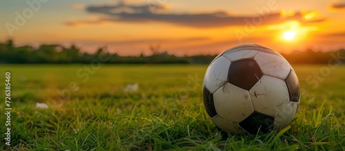 Soccer football on grass field during sunset  with shallow depth