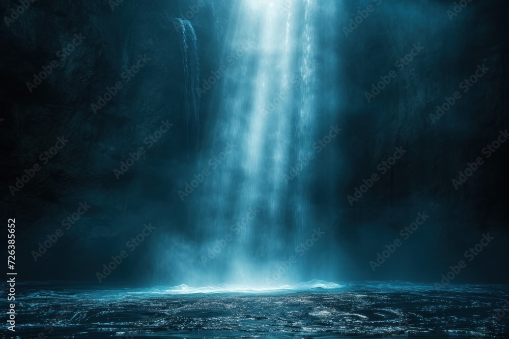 Naklejka premium Sun Rays Piercing Through The Ocean Surface Into The Underwater Cave