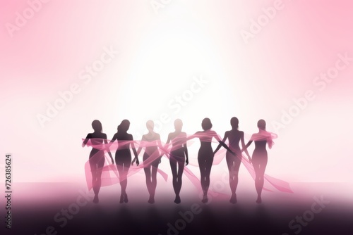 Silhouettes of diverse women holding a pink ribbon, breast cancer awareness