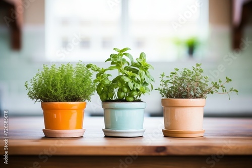 a trio of ceramic pots with basil, oregano, and thyme photo