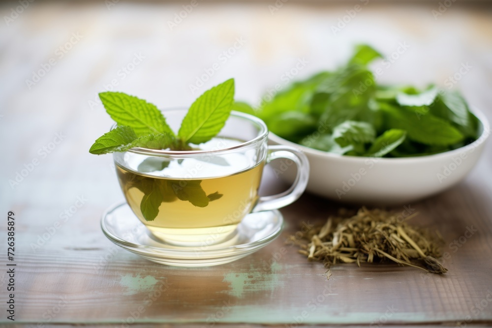 fresh peppermint leaves next to a steaming cup of tea fresh peppermint leaves next to a steaming cup of tea