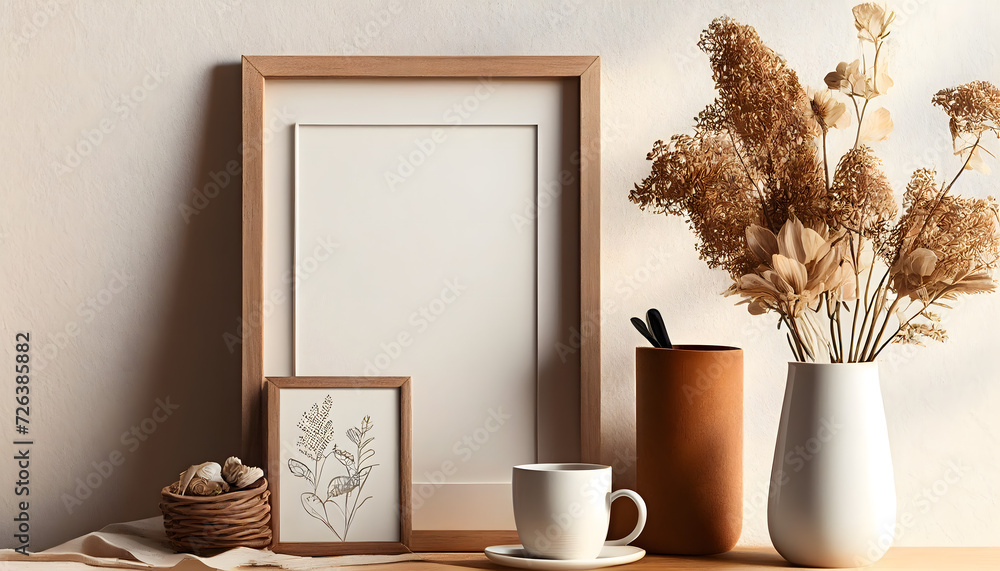 Empty wooden picture frame mockup hanging on beige wall background. Boho shaped vase, dry flowers on table. Cup of coffee, old books. Working space, home office. Art, poster display. M. Generative AI. - obrazy, fototapety, plakaty 