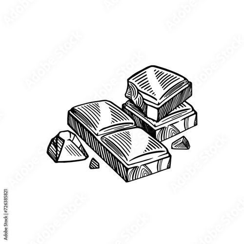 Pieces of black and white chocolate bar. Vector sketch isolated background.