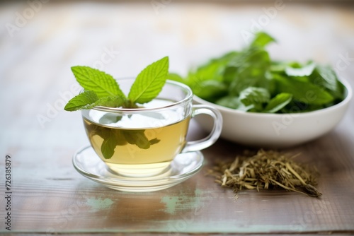 fresh peppermint leaves next to a steaming cup of tea