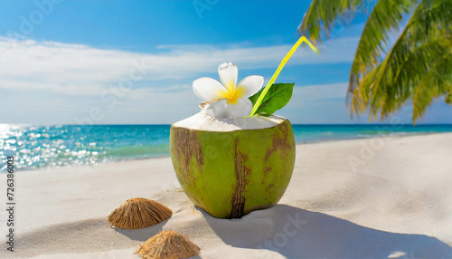 Tropical coconut drinks on the beach, bright, white sand, minimalistic