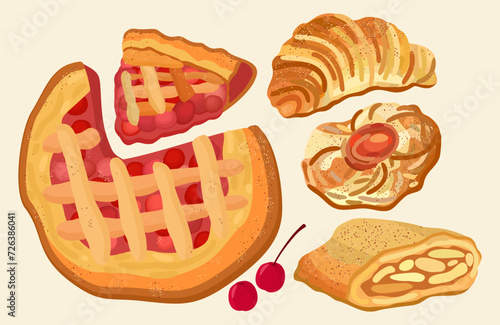 Sweet pastries. Vector set of sugary baked goods. Cherry pie, croissant, danish, strudel.