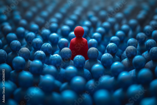 single red figure stands out in a crowd of blue figures, a powerful metaphor for leadership, uniqueness, and individuality