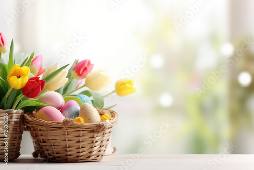 Easter Banner wallpaper. Spring flowers tulips in wicker basket and colorful painted eggs on table background of blurred window. Sunny rays and day time Card with copy space for text. Advertisement