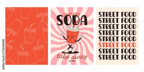 Set of fast food posters. Retro groovy cards with street food characters. Brochure with funky groovy burger, french fries, soda, ice cream, donut, pie, coffee to go, sandwich. Fast food delivery