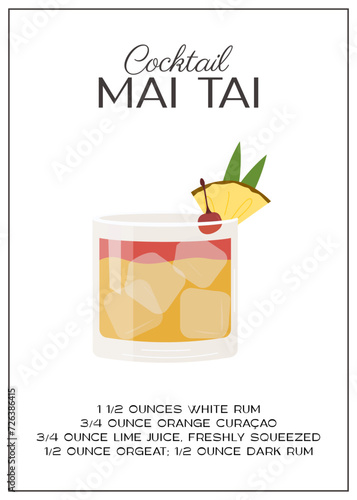 Mai Tai Cocktail garnished with pineapple slice and cherry. Classic alcoholic beverage recipe. Summer aperitif poster. Minimalist trendy print with alcoholic drink. Vector flat illustration.