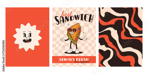 Set of fast food posters. Retro groovy cards with street food characters. Brochure with funky groovy burger, french fries, soda, ice cream, donut, pie, coffee to go, sandwich. Fast food delivery