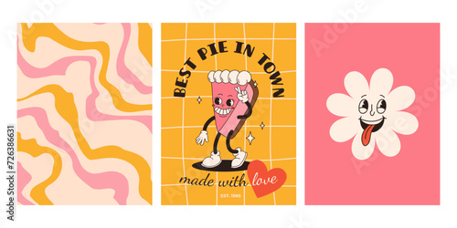 Set of fast food posters. Retro groovy cards with street food characters. Brochure with funky groovy burger, french fries, soda, ice cream, donut, pie, coffee to go, sandwich. Fast food delivery