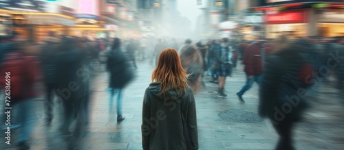 Blurred image shows a crowd in motion on a city street, while a young depressed woman stands alone.