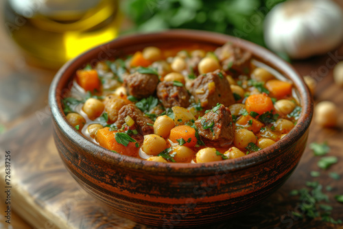 rustic bowl of hearty stew filled with tender chunks of meat, chickpeas, and carrots, garnished with fresh parsley
