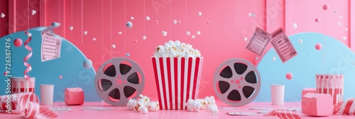Whimsical cinema setup with popcorn mid-air, film reels, flying tickets against pink backdrop photo