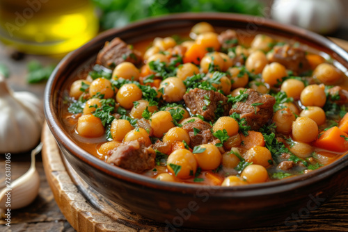 hearty earthenware bowl filled with a savory chickpea and meat stew, garnished with fresh parsley