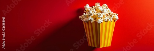 Overflowing popcorn box on red and yellow gradient, evoking excitement for movie night fun