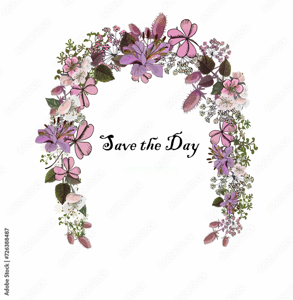 Save the date greetings in the frame of field flowers and herbs Save the date greetings in the frame of field flowers and herbs