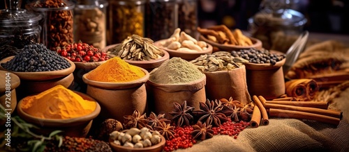 various spices on wooden board isolated with beautiful layout on kitchen table