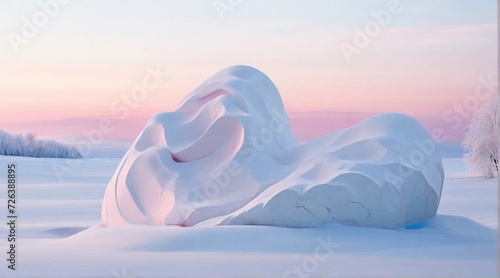 A snowy landscape at dawn, where the first light of morning paints the world in shades of pink and blue, a pristine blanket of snow covering the earth,the silence broken only by the crunch of footstep